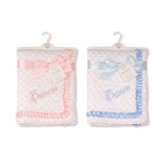 pink and blue baby velour bubble wrap blankets with lace trim on hanger side by side