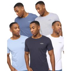 Models showing each colourway of the BasicBlues 5 Pack Men's T-Shirts Assorted by Crosshatch
