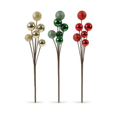 63cm Christmas baubles branch with glitter and glossy baubles in red, green, and gold