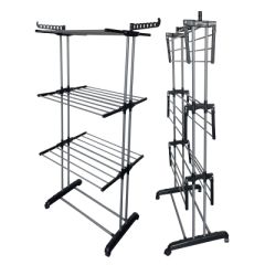 4 Tier Folding Clothes Airer with Wheels – Silver & Black