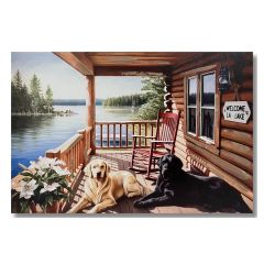 Lakeside Cabin Retreat wall canvas 40x60cm featuring a log cabin porch overlooking a lake with two dogs relaxing on the deck