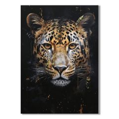 Leopard Gold Accent wall canvas 50x70cm featuring a leopard portrait with hand-painted gold detailing on a black background