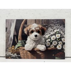 Puppy in Bloom wall canvas 40x60cm featuring a fluffy puppy in a wicker basket surrounded by white daisies with hand-painted detailing