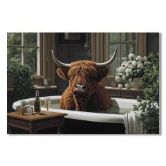 Highland Cow Bath Time wall canvas 40x60cm featuring a shaggy Highland cow relaxing in a vintage bathtub with hand-painted detailing