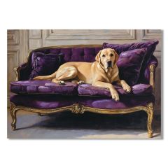 Golden Labrador on Velvet Sofa wall canvas 50x70cm featuring a Labrador relaxing on a luxurious purple velvet sofa with hand-painted detailing