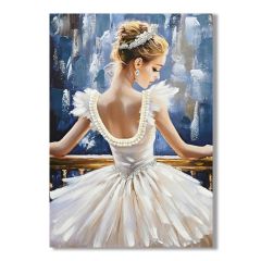 Elegant Ballerina wall canvas 70x100cm featuring a graceful ballerina in a white dress with an abstract blue background and hand-painted acrylic detailing