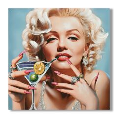 Glamour Cocktail Portrait wall canvas 80x80cm featuring a vintage-inspired blonde woman holding a martini glass with hand-painted acrylic detailing