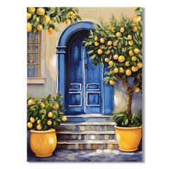 Mediterranean Lemon Door wall canvas 60x80cm featuring a blue doorway surrounded by vibrant lemon trees with hand-painted detailing