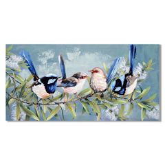 Australian Songbirds wall canvas 60x120cm featuring colourful native birds perched on flowering eucalyptus branches with hand-painted detailing