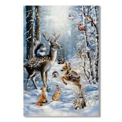 Woodland Winter Wildlife wall canvas 70x100cm featuring deer, foxes, rabbits, squirrels and birds in a snowy forest with hand-painted detailing