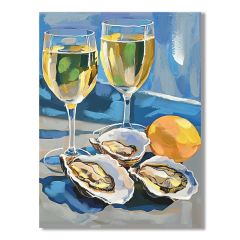 Coastal Oysters & White Wine wall canvas 60x80cm featuring oysters, white wine glasses and citrus with hand-painted detailing on a contemporary blue background