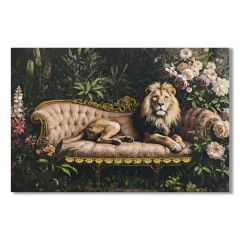 Regal Lion Garden wall canvas 60x90cm featuring a majestic lion resting on an ornate vintage sofa surrounded by lush flowers and foliage with hand-painted acrylic detailing