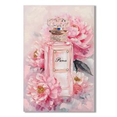 Paris Perfume & Peonies wall canvas 60x90cm featuring a pink perfume bottle surrounded by blooming peonies with hand-painted detailing