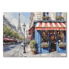 Paris Café & Eiffel Tower wall canvas 70x100cm featuring a charming Paris street café with the Eiffel Tower and hand-painted detailing with decorative wooden accents