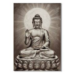 Serene Buddha wall canvas 70x100cm featuring a meditating Buddha with a radiant halo and hand-painted textured detailing on a neutral background