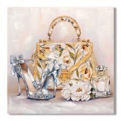 Luxury Fashion Accessories wall canvas 80x80cm featuring an embellished handbag, high heels, perfume bottle and white flowers with hand-painted glitter detailing