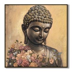 Floral Buddha wall canvas 82x82cm featuring a serene Buddha portrait with blush floral accents and hand-painted textured detailing
