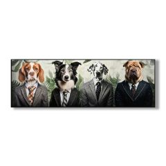 Distinguished Dogs wall canvas 52x152cm featuring four smartly dressed dogs in suits with hand-painted acrylic textured detailing