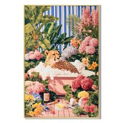 Cheetah Garden Retreat wall canvas 62x92cm featuring a cheetah relaxing in a bubble bath surrounded by tropical flowers with hand-painted acrylic and glossy detailing