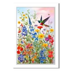 Hummingbird Wildflower Garden wall canvas 42x62cm featuring a colourful hummingbird flying above vibrant wildflowers with hand-painted textured detailing