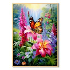 Butterfly Bloom Garden wall canvas 52x72cm featuring a monarch butterfly amongst vibrant pink lilies and colourful wildflowers with hand-painted textured detailing