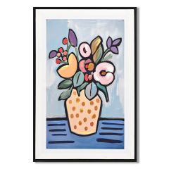 Contemporary Floral Vase wall canvas 42x62cm featuring an abstract bouquet of colourful flowers in a decorative polka dot vase with hand-painted textured detailing