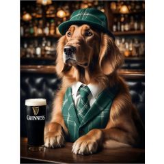 Irish Pub Golden Retriever wall canvas 48x62cm featuring a Golden Retriever in green attire beside a pint in a traditional pub with glitter and glossy painted detailing
