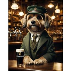 Irish Gentleman Dog wall canvas 48x62cm featuring a terrier in traditional Irish attire sitting beside a pint in a cosy pub with glitter and glossy painted detailing