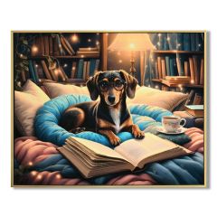 Cosy Reading Dachshund wall canvas 42x52cm featuring a dachshund wearing glasses reading a book in a warm library with glitter detailing and a glossy painted finish
