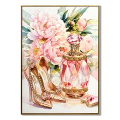 Blush Perfume & Heels floral wall canvas 62x82cm featuring a pink crystal perfume bottle, embellished high heels and blush peonies with an 80% hand-painted acrylic finish