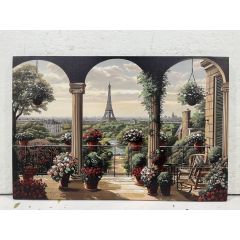 Paris Terrace View wall canvas 62x92cm featuring a flower-filled balcony overlooking the Eiffel Tower with a 40% hand-painted textured finish