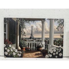 Paris Balcony Escape wall canvas 62x92cm featuring a flower-filled balcony overlooking the Eiffel Tower with a 40% hand-painted textured finish