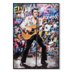 Rock 'n' Roll Legend wall canvas 72x102cm featuring a legendary guitarist performing on stage against a colourful graffiti-inspired background with an 80% hand-painted acrylic finish
