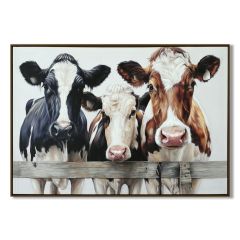 Curious Cows wall canvas 62x92cm featuring three cows peering over a wooden fence with a 50% hand-painted textured finish