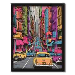 Neon City Streets wall canvas 36x46cm featuring colourful city buildings and vintage cars with a hand-textured MDF printed finish