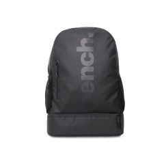 Bench black waterproof backpack with large logo print, zip pocket and side mesh compartments on a white background