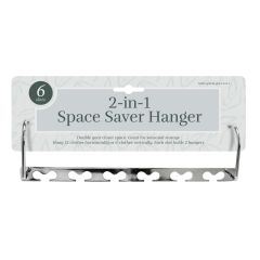 Metal 2-in-1 space saver hanger with 6 slots, designed to hold 12 clothes horizontally or 6 vertically. Packaging highlights storage benefits.