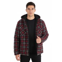 model wearing the Men's Check Fleece Hooded Jacket Black & Red