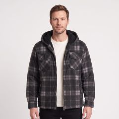 model wearing the Men's Hooded Fleece Jacket Black Check