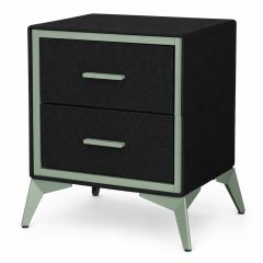 Black two-drawer bedside table with sage green frame, handles and legs.