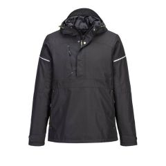 Black waterproof overhead rain jacket with hood and reflective arm detail, front view