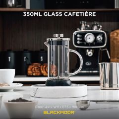 Blackmoor 350ml glass cafetière French press coffee maker with clear borosilicate glass body, stainless steel plunger and filter, glass handle and black base.
