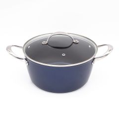 Blackmoor Blue Pro 24cm non-stick aluminium casserole pot in blue with tempered glass lid and two stainless steel side handles.
