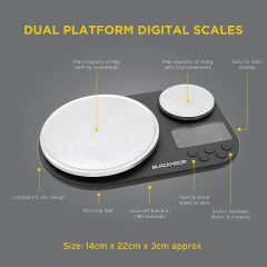Blackmoor Dual Platform Digital Kitchen Scales in black and silver featuring two stainless steel weighing platforms, LCD display and digital controls.