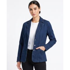 womens denim blazer jacket with button front styled with black trousers and white top