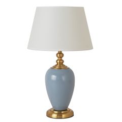 Modern Blue Ceramic Table Lamp with Gold Base and White Shade at Guineys Ireland
