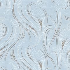 A seamless light blue oilcloth fabric pattern featuring elegant, swirling wave-like lines in white and chocolate brown