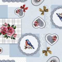 Blue vintage heart and bird oilcloth tablecloth with floral patchwork and lace details