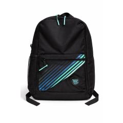 Black backpack with blue and mint diagonal stripes front zip pocket and side mesh holder