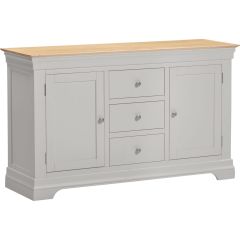 Bordeaux ivory and oak sideboard with two cupboard doors, three central drawers and silver handles.